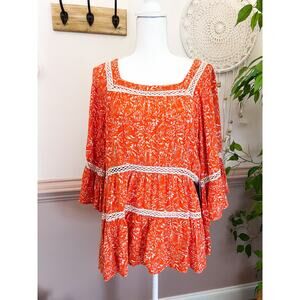FREE PEOPLE  Orange Floral Long Sleeve Square Neck Tunic Size: S nwt